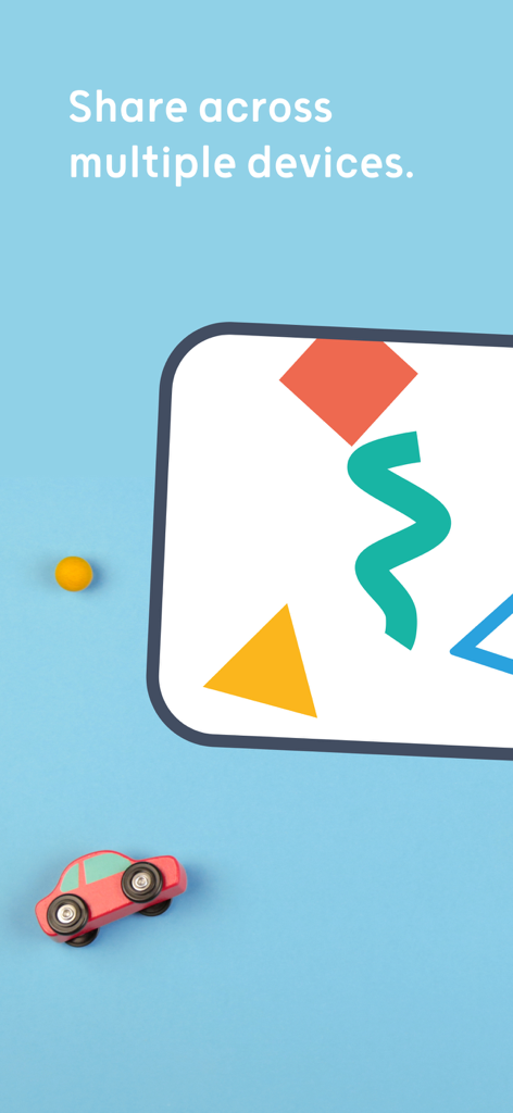 Pok Pok | Montessori Preschool - Pok Pok Montessori app screen featuring colorful geometric shapes and a red wooden toy car with the heading Share across multiple devices.