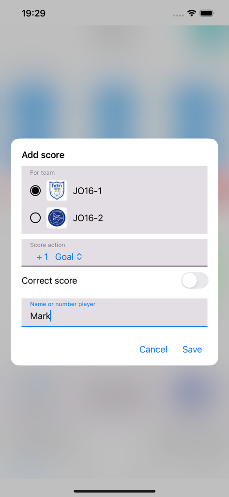 Whistle Time - Inserimento di un gol e del nome del giocatore nell'interfaccia dell'app Whistle Time per arbitri