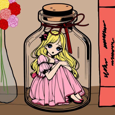 beautiful realistic girl trapped in bottle