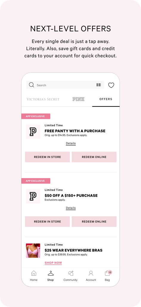 Schermata dell'app Victoria s Secret PINK che mostra offerte esclusive e premi per i membri