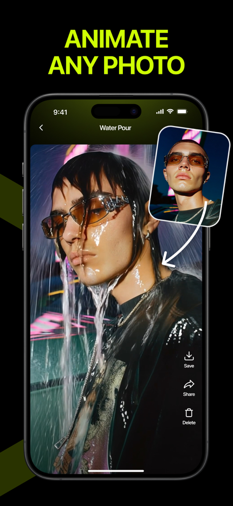 HG - AI Video Generator - Oberfläche der HG AI Video Generator App, die zeigt, wie ein statisches Porträt in ein animiertes Video mit einem Wasser-Effekt verwandelt wird.