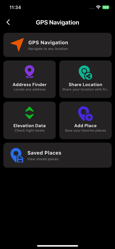 Phone Locator and Phone Finder - A tela de Navegação GPS do aplicativo Phone Locator com Localizador de Endereço, Compartilhar Localização e opções de Dados de Elevação