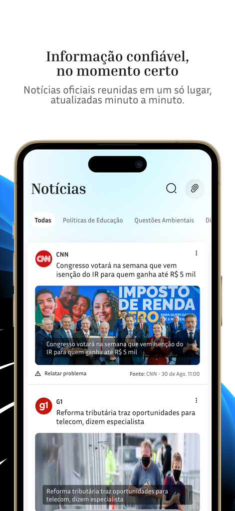 Nomos - Monitoramento Político - Screenshot of the Nomos political monitoring app news feed displaying legislative and economic updates