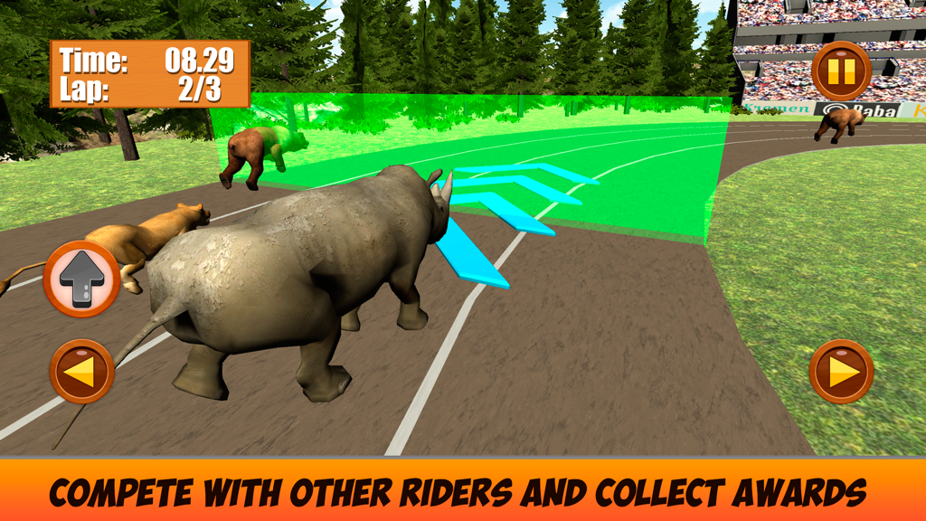 Wild Animal Racing Challenge 3D - A rhinoceros racing against other animals on a stadium track in a 3D game.