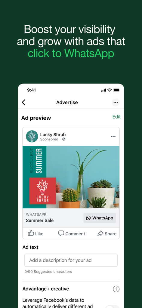 Interfaccia per la creazione di annunci che si collegano direttamente a WhatsApp Business per la crescita dei clienti