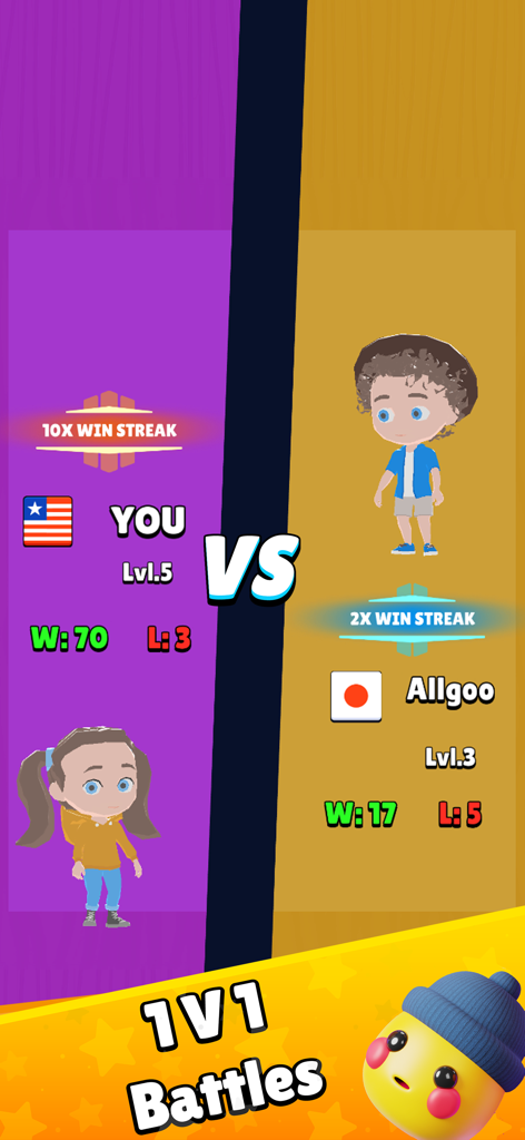 A 1V1 battle match screen in Dots N Numbers showing player stats, win streaks, and avatars.