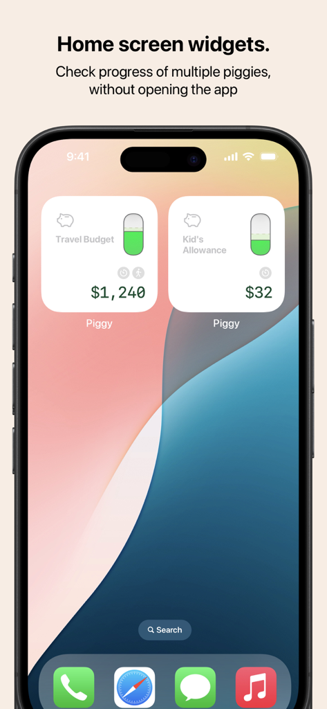 Two Piggy Bank app widgets on an iPhone home screen showing saving progress for travel and allowance goals