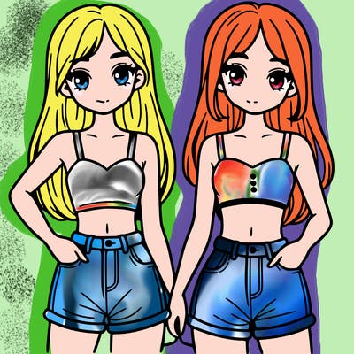 two sisters with crop tops and jean shorts and straight hair