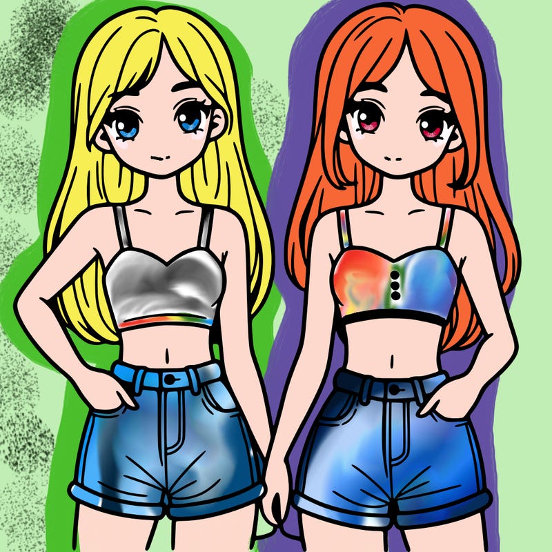 two sisters with crop tops and jean shorts and straight hair
