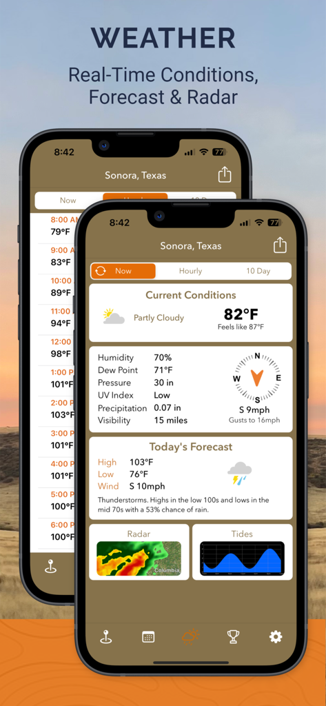 iSolunar™ Hunt & Fish Times - Real-time weather conditions and forecast dashboard in the iSolunar app for hunting and fishing