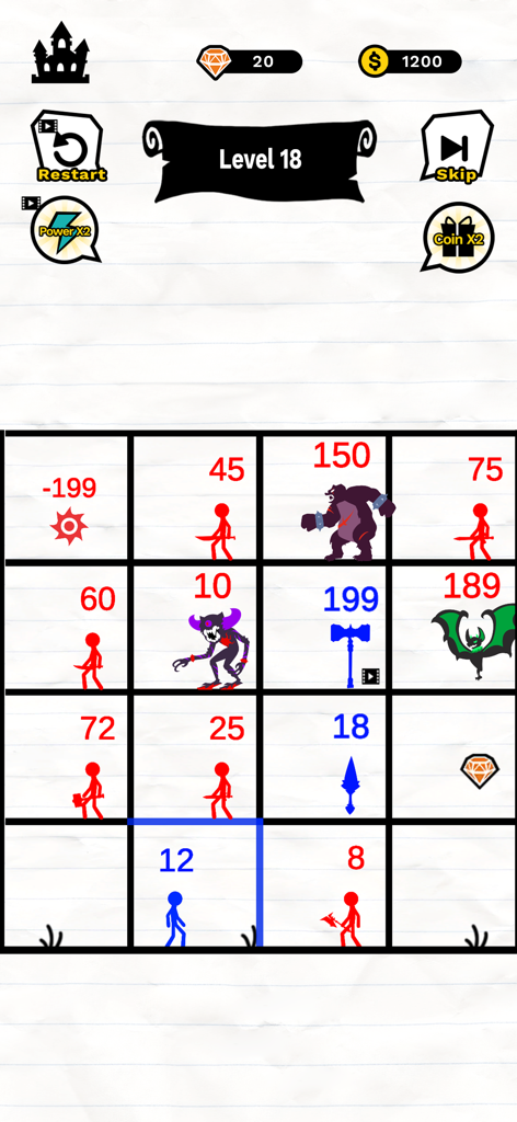 Stick Battle: Mighty Tower War - Stick Battle Mighty Tower War gameplay screen showing a math based stickman strategy puzzle level