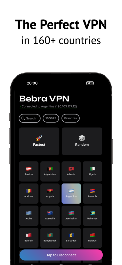 Interface of Bebra VPN showing server locations for over 160 countries