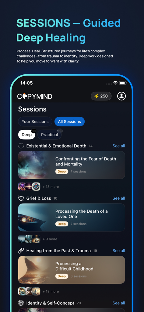 COPYMIND: AI Twin - Interfaz de la aplicación Copymind que muestra sesiones de curación guiada para el crecimiento emocional y la recuperación de traumas.