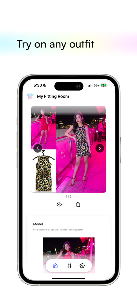 Smartphone interface of My Fitting Room app showing an AI virtual clothing try on feature with a model and different outfits