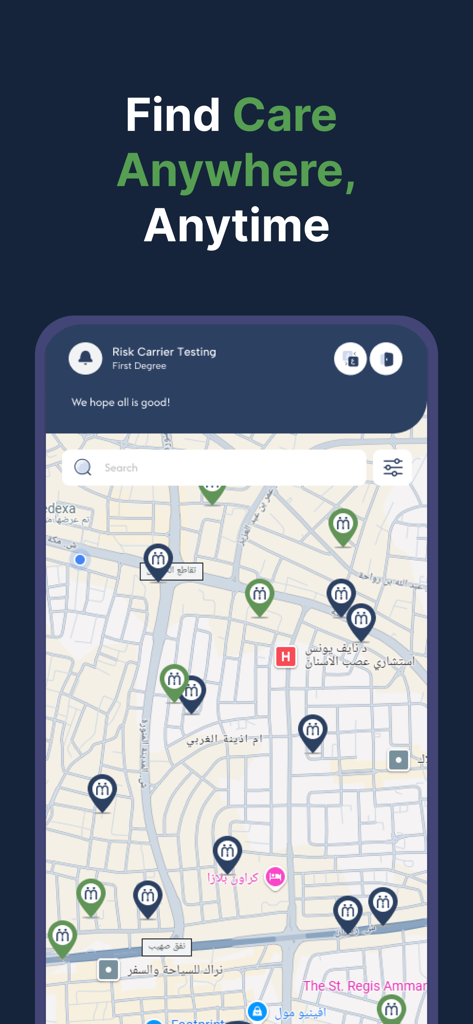 Medexa Jordan app screenshot showing a map with medical providers in Amman