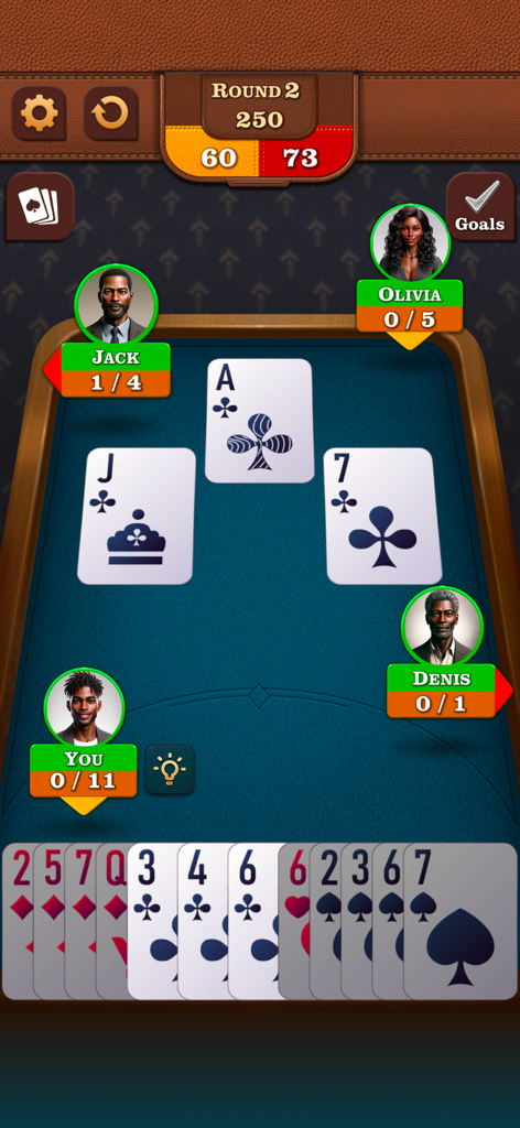 Mobile gameplay of a classic Spades card game showing four players and their bidding progress on a digital tabletop