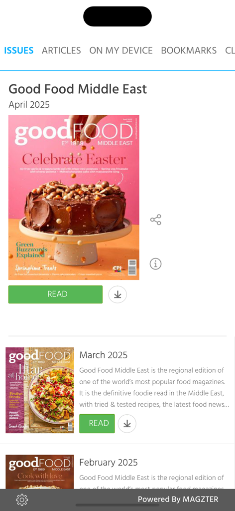 Capture d'écran de l'application BBC Good Food Middle East montrant une bibliothèque de numéros mensuels de magazines numériques, incluant les éditions de Pâques et du Ramadan.