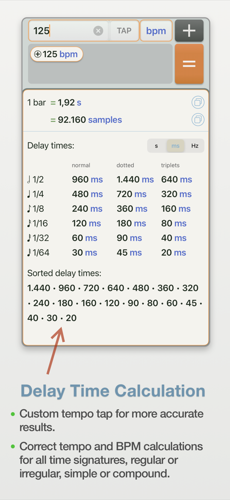 Studio Calculator - Studio Calculator app interface showing delay time calculations in milliseconds and samples for a 125 BPM tempo