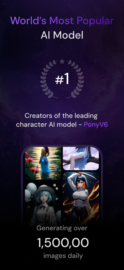 Fictional - Fictional app screen highlighting the PonyV6 character AI model generating over one million images daily.