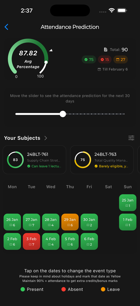 Collegia Academics Manager - Attendance prediction dashboard in the Collegia Academics Manager app showing a percentage gauge, subject stats, and a color-coded attendance calendar.