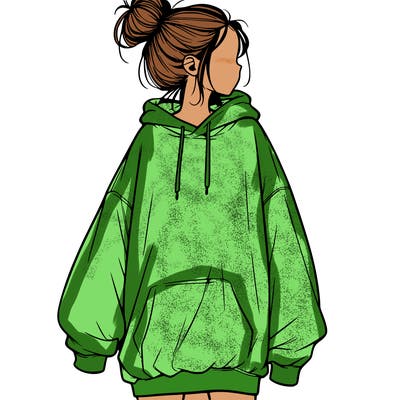 realistic girl with a oversized sweatshirt on and a bun