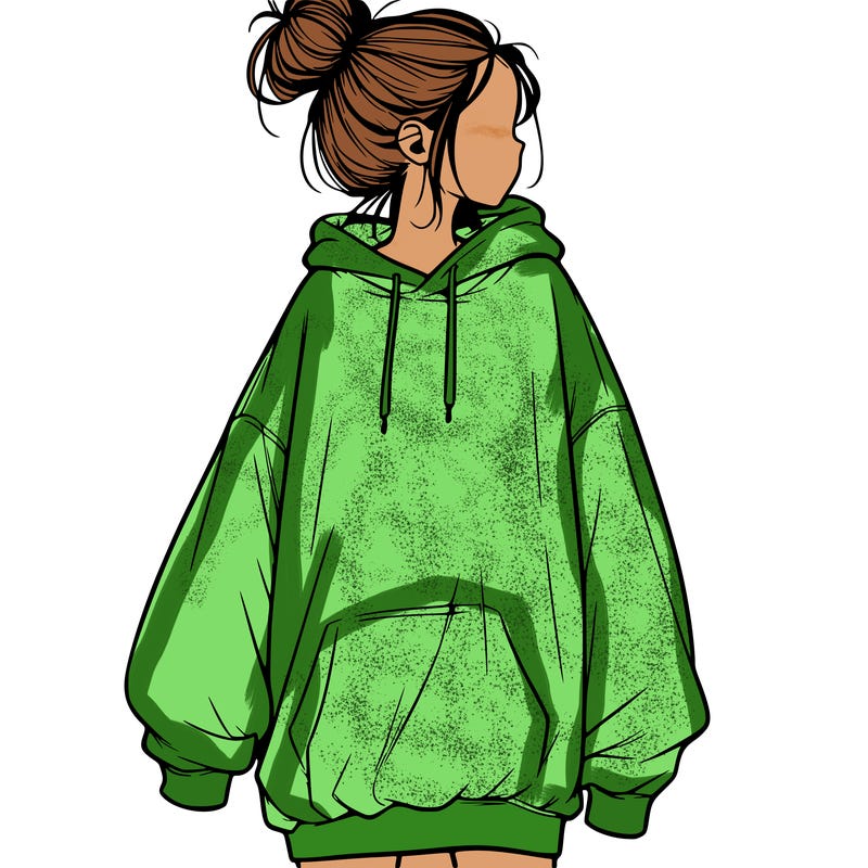 realistic girl with a oversized sweatshirt on and a bun