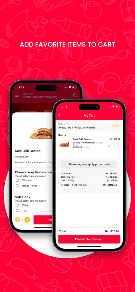 Howdy Pakistan - Pantallas de la app de Howdy Pakistan mostrando la personalización de artículos de comida y el proceso de pago del carrito