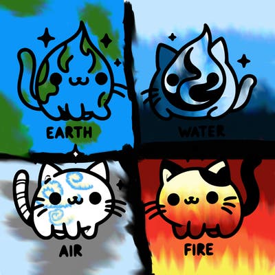 4 cats that represent the different elements, earth, water, air, and fire