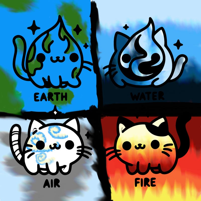 4 cats that represent the different elements, earth, water, air, and fire
