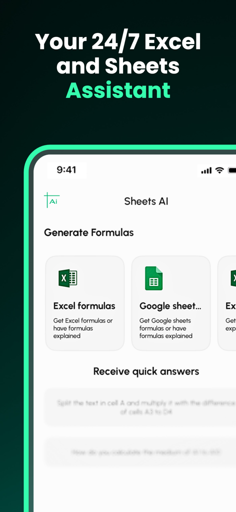 Sheets AI - Formula generator - Oberfläche der Sheets AI App, die Optionen zur Generierung von Excel- und Google Tabellen-Formeln mit KI-Unterstützung anzeigt.