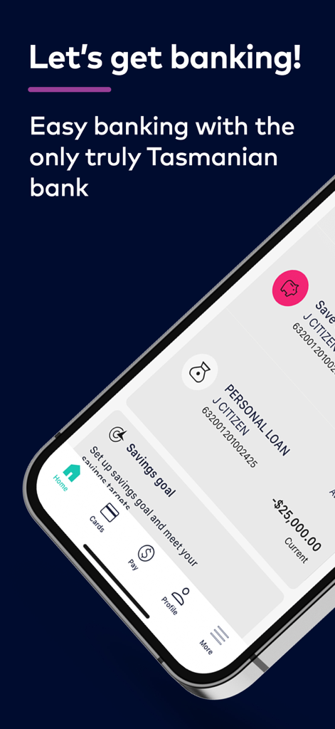 Bank of us - Mobile screen of the Bank of us app showing personal loan account details and a savings goal prompt