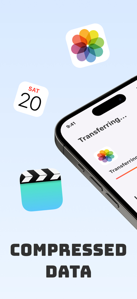 Interfaz de una aplicación de transferencia móvil mostrando datos siendo comprimidos y transferidos
