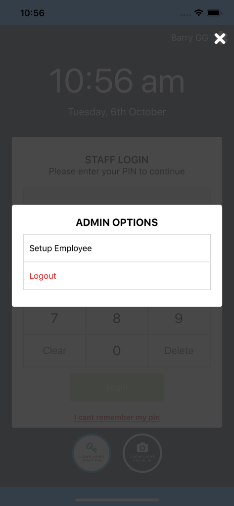 Gig Grafter Punch Clock - Admin options menu on the Gig Grafter Punch Clock app displaying setup employee and logout choices.