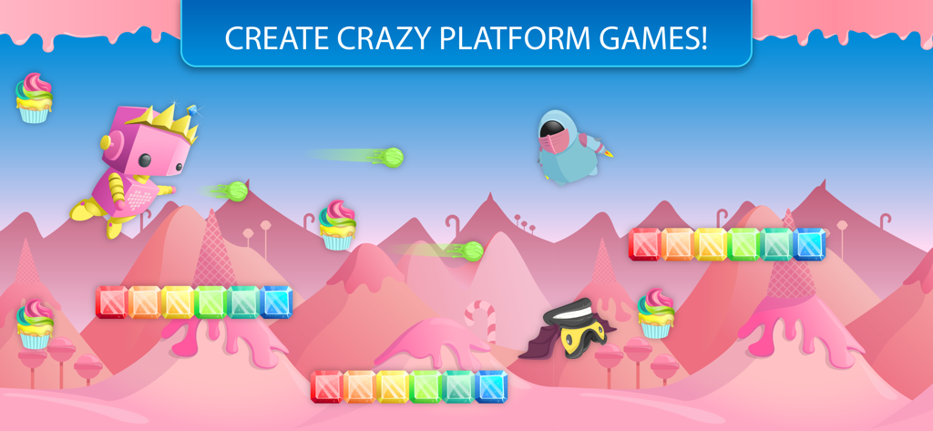 Coda Game - Make Custom Games - Un colorido nivel de plataformas con temática de caramelos en Coda Game con el texto Crea juegos de plataformas locos