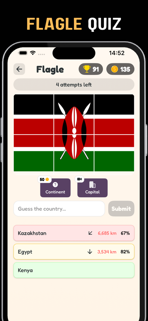 Captura de pantalla de la aplicación TimeGuess que presenta un modo de quiz Flagle donde los jugadores adivinan el país basándose en su bandera y pistas de distancia