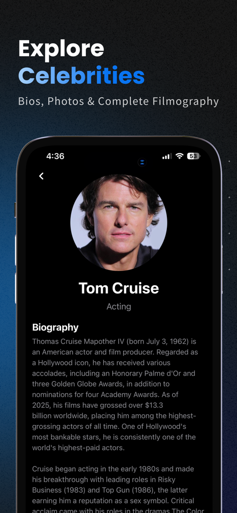 Tom Cruise celebrity profile screen in the MovieBox app showing a biography and photo