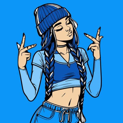 realistic teenage girl with braids and a beanie and crop top doing 🫶🏼