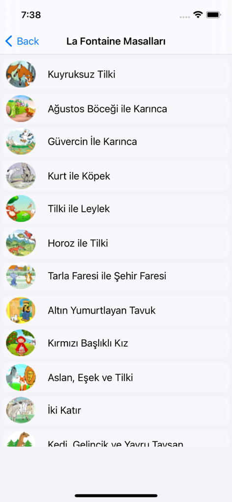 A list of La Fontaine fables in Turkish with illustrations in a mobile application