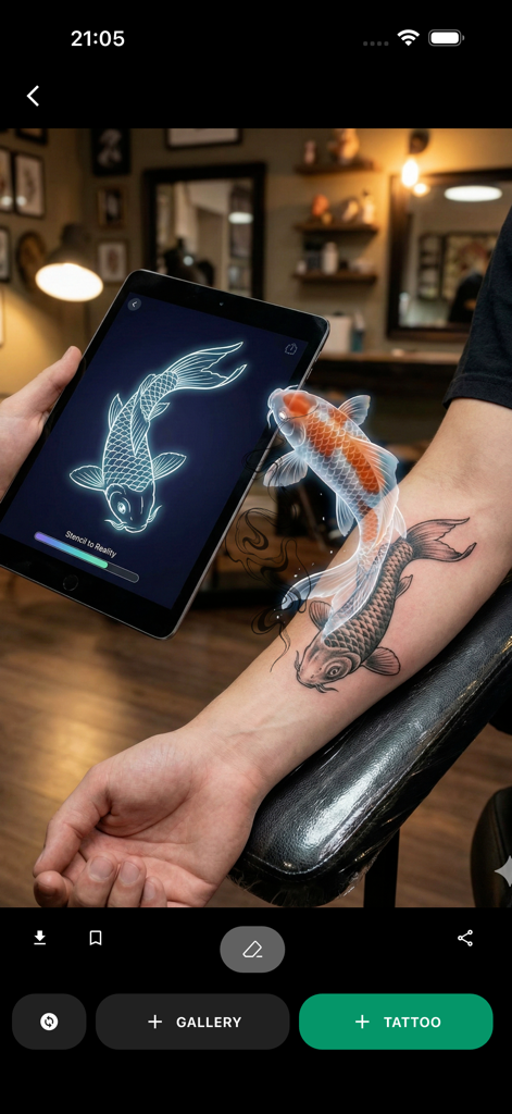 İnkscape & Pinterest Tattoo - AR preview of a koi fish tattoo on a forearm from a tablet stencil design