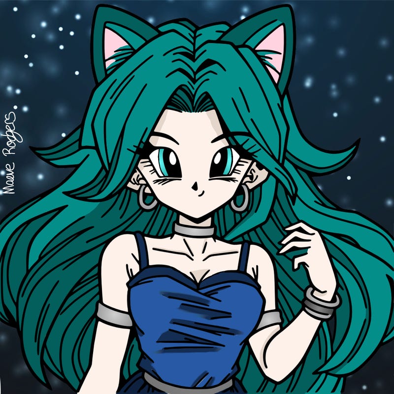 dbz anime woman, cute, with long hair and cat ears