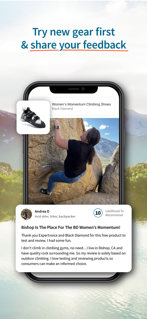 ExpertVoice - ExpertVoice app interface showing a user review for Black Diamond climbing shoes with a woman rock climbing