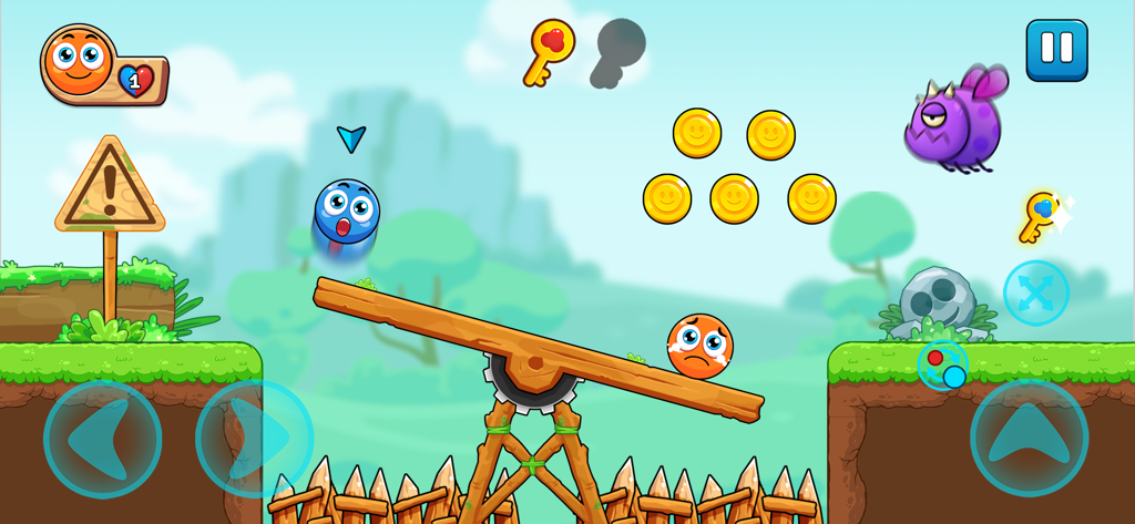 Red and Blue: Ball Heroes - Red and blue ball characters navigating a seesaw physics puzzle in a forest level.