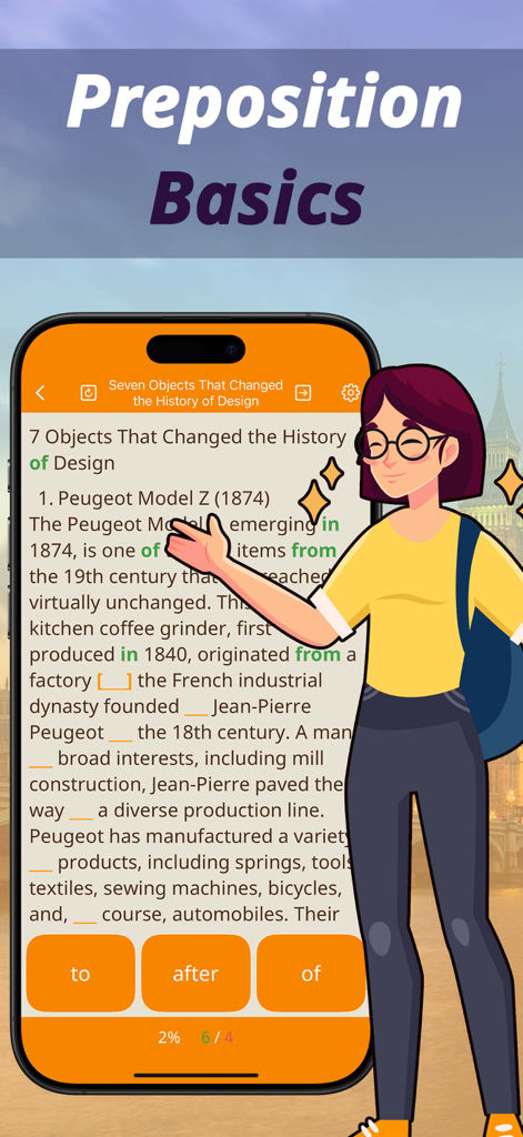 Speak English: Prepositions - Mobile app screen showing a preposition basics exercise with a reading passage and multiple choice answers