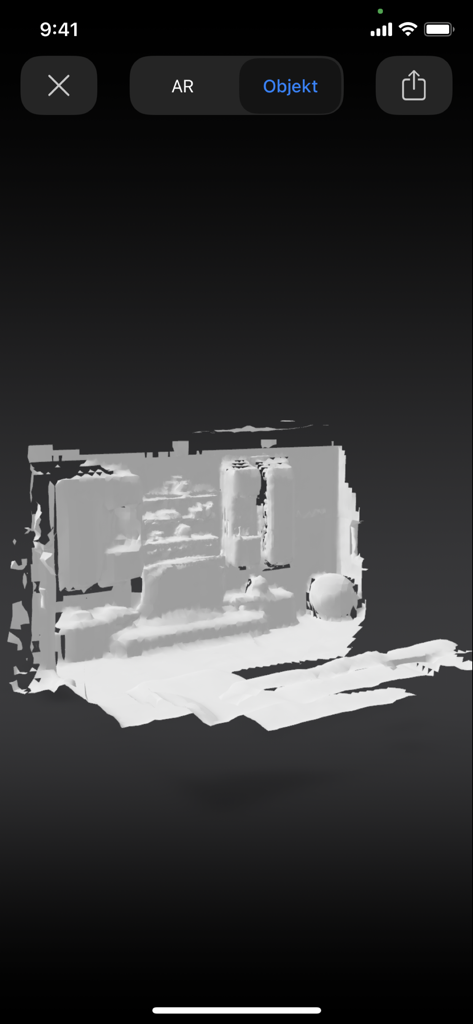 Grayscale 3D mesh of a scanned room in the LiDAR Scanner 3D app interface