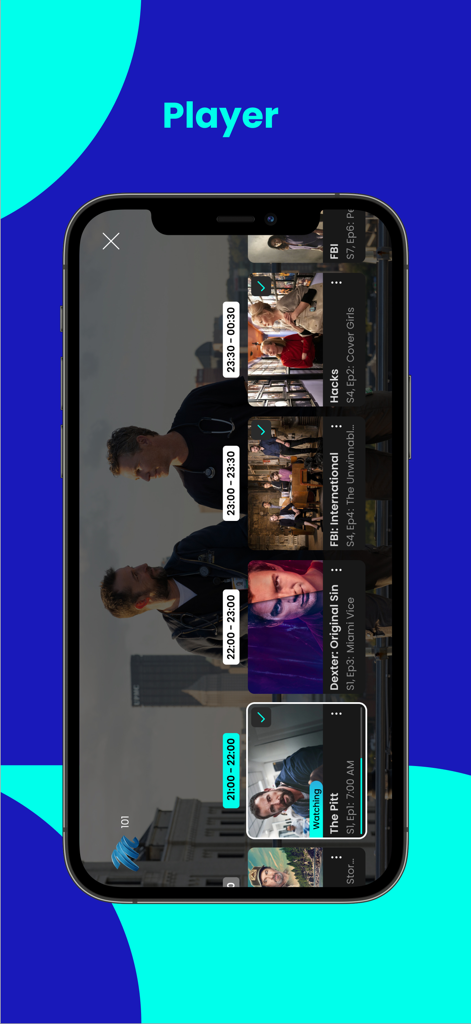 DStv Stream - Interfaz de la aplicación DStv Stream en un teléfono inteligente que muestra el reproductor de video con una lista de programas disponibles y horarios de transmisión en vivo