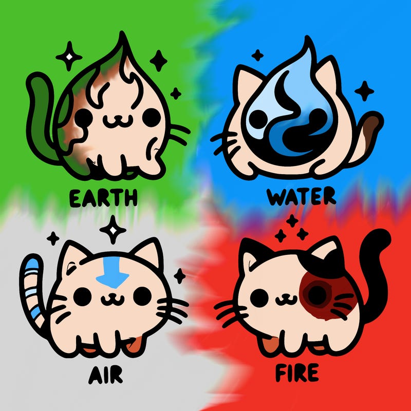 4 cats that represent the different elements, earth, water, air, and fire