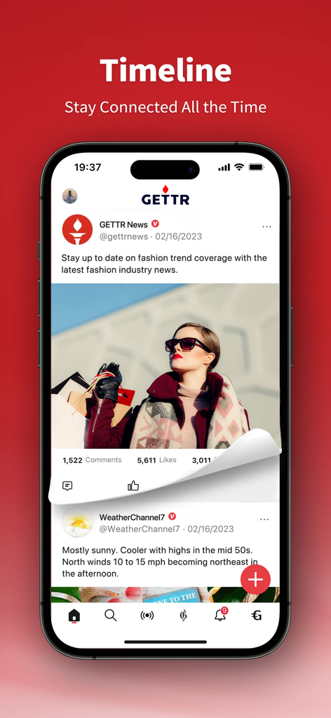 GETTR - A Marketplace of Ideas - GETTR social media app timeline with news and weather posts