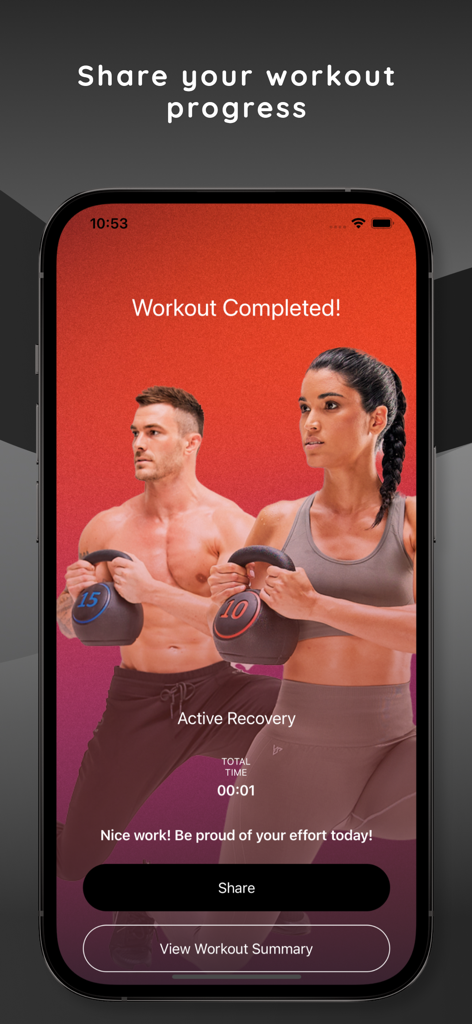 A smartphone showing the V Shred VIP app workout completion screen with a man and woman holding kettlebells and options to share progress.