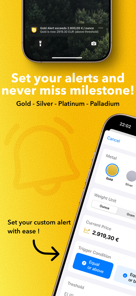 Vaultastic - A mobile interface of the Vaultastic app showing a gold price notification and the custom alert setup screen.