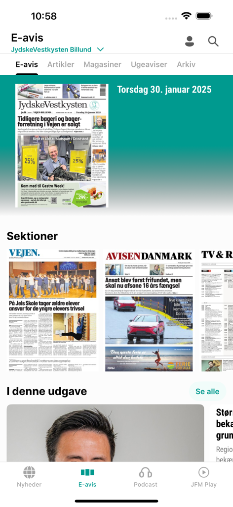 Oberfläche der JydskeVestkysten Nachrichten-App, die den Bildschirm zur Auswahl von E-Zeitungen mit verschiedenen Abschnitten und Ausgaben zeigt.